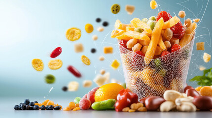 Aufkleber - Colorful snack mix in transparent bowl with various candies and fruits scattered around, creating vibrant and playful atmosphere