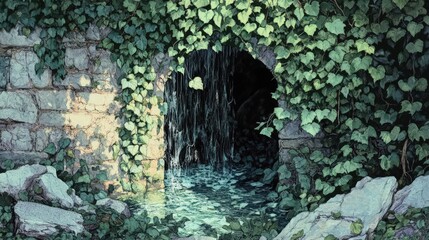 Wall Mural - Stone Archway Concealed Waterfall Ivy Covered