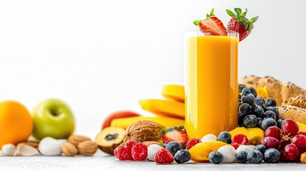 Poster - Fresh fruit juice with berries, bananas, and nuts arranged beautifully. This vibrant display showcases healthy ingredients, perfect for refreshing drink or snack