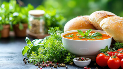 Poster - Fresh tomato soup served with rustic bread, garnished with herbs and spices, evokes warm and inviting atmosphere. Perfect for cozy meal