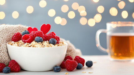 Poster - cozy breakfast scene featuring warm bowl of oatmeal topped with fresh raspberries and blueberries, surrounded by soft textures and warm drink, creating comforting atmosphere