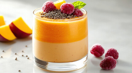 Poster - vibrant smoothie layered with mango and raspberry, topped with seeds and mint, creating refreshing and colorful treat. Perfect for healthy snack or dessert