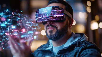 Poster - Innovative man using virtual reality headset, exploring digital data visualization. Engaging with advanced technology, showcasing future of cybersecurity and data interaction
