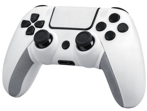 A white game controller with black buttons, joysticks a directional pad, triggers, and action buttons, isolated over transparent background, PNG cut-out