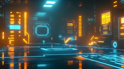 Poster - Futuristic Room with Orange and Blue Neon Lights