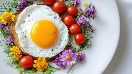 Poster - vibrant breakfast plate featuring poached egg on toast, surrounded by fresh cherry tomatoes and colorful flowers, creating delightful and artistic presentation