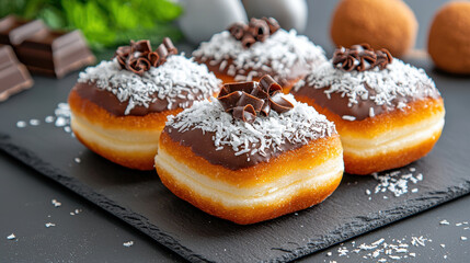 Aufkleber - Delicious gourmet donuts topped with cho te, coconut, and cho te curls, arranged on slate board. Perfect for dessert lovers and special occasions