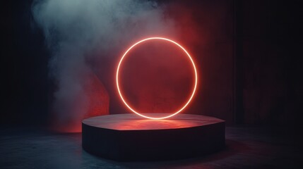 Poster - Neon circle light installation in dark smoky environment