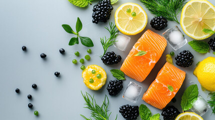 Poster - Fresh salmon fillets with lemon slices, blackberries, and herbs create vibrant seafood display. Perfect for culinary enthusiasts and seafood lovers