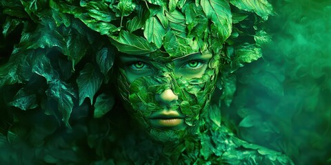 Wall Mural - Woman with green leaves on her face