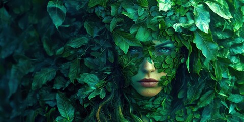 Wall Mural - Woman is wearing a green leaf mask