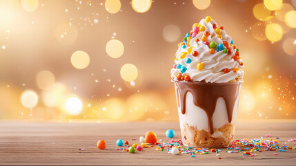 Aufkleber - Delicious ice cream sundae with whipped cream, cho te sauce, and colorful sprinkles, creating festive and joyful dessert experience