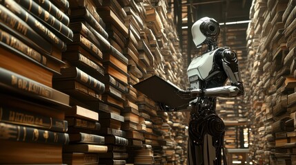 Aufkleber - Futuristic Robot Reading Among Stacks of Old Books in Library