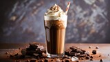iced mocha coffee with whipped cream and chocolate pieces