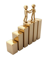 Poster - A golden bar chart with a 3D golden stick figure helping another climb upward, representing growth and teamwork on a clean white background,