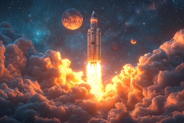 Poster - A cartoon-style 3D rocket launching into a starry sky with fluffy clouds and glowing planets,