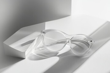 Poster - Elegant transparent glasses are positioned on a sleek surface, highlighting their unique shape. Generative AI