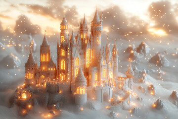 Poster - A whimsical 3D castle with delicate spires and glowing windows, surrounded by tiny floating stars,