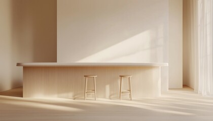 Poster - Light Wooden Furniture And White Cupboards In The Kitchen With A Counter, Three Stools, And Large White Wall Segment. Rendering Mockup.