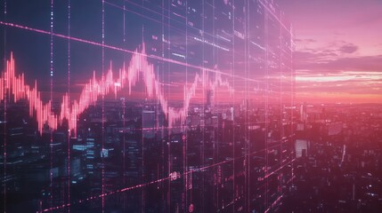 Leinwandbilder - A digital cityscape with a financial graph overlay and a sunset backdrop.