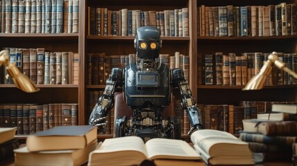 Aufkleber - Robot Librarian Surrounded by Books in a Vintage Library Setting