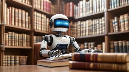 Poster - Robot Researcher in Library Surrounded by Books and Knowledge