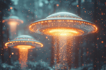 Poster - Simple flying saucers in muted colors, beaming down dotted lights, with star accents on a clean white background,