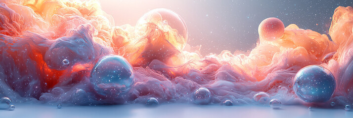 Poster - Playful asteroids in pastel hues, surrounded by soft clouds of space dust and stars on a white canvas,