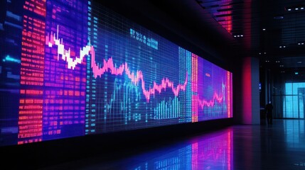 Fototapete - A digital display showing fluctuating stock market data in a modern setting.