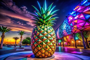 Poster - Whimsical Tilted Pineapple Night Photography: Geometric Patterns & Modern Design
