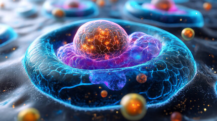 Poster - A schematic diagram of a cell with stylized and colorful organelles, including a glowing nucleus and detailed mitochondria, displayed on a clean white background,