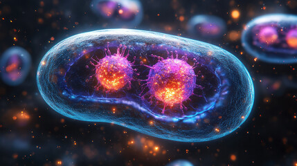 Poster - A schematic diagram of a cell with stylized and colorful organelles, including a glowing nucleus and detailed mitochondria, displayed on a clean white background,