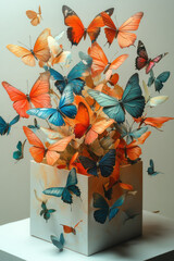 Poster - A minimalist open box with vibrant pastel butterflies flying out, creating a whimsical effect against a clean background,