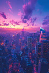 Poster - Aerial view of a bustling city skyline at dusk, featuring skyscrapers and glowing lights under a purple sunset,