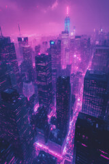 Poster - Aerial view of a bustling city skyline at dusk, featuring skyscrapers and glowing lights under a purple sunset,