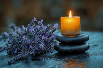 Poster - Minimalistic spa scene with smooth black stones, a lit candle, and lavender flowers on a wooden surface,