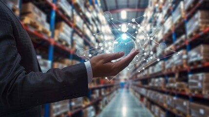 Wall Mural - businessman and global logistics network distribution and transportation, smart logistics, innovatio