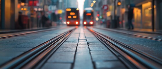 Tram tracks on city street at dusk.