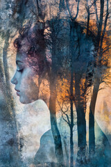 Poster - Artistic double exposure of a forest silhouette combined with a female face, symbolizing nature and humanity,