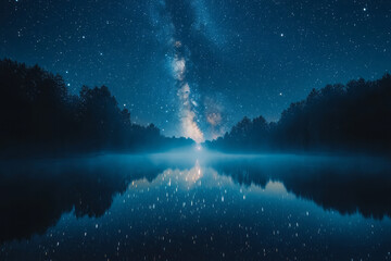 Poster - Night sky filled with shining stars and the Milky Way, casting a magical glow over a calm lake,