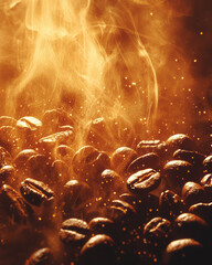 Poster - Close-up of fresh coffee beans being roasted in a machine, with smoke rising and warm brown tones,