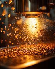 Poster - Close-up of fresh coffee beans being roasted in a machine, with smoke rising and warm brown tones,