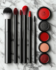 Poster - Set of modern cosmetics in sleek minimalist packaging, arranged neatly on a marble surface,