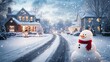 © alisya - Snowman on snowy road, festive houses, winter night