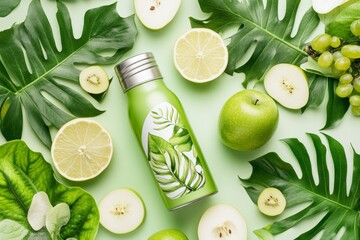 Poster - A clean, modern design of a green juice bottle with an abstract pattern of leaves and fruits