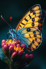 Poster - Macro shot of a vibrant butterfly perched on a flower petal, showing intricate wing details,