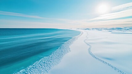 Wall Mural - Serene Beach Landscape with Snowy Shoreline and Calm Blue Ocean