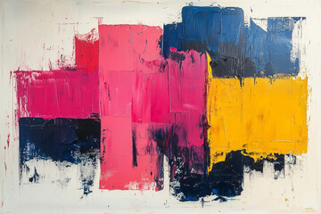 Poster - Modern abstract painting with bold brushstrokes in contrasting primary colors on a large canvas,