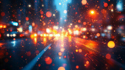 Poster - Abstract motion blur of city lights at night, forming colorful streaks and bokeh effects,