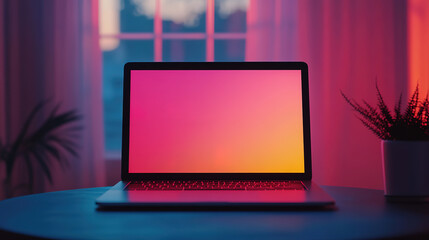 sleek desk setup with laptop and blank screen display